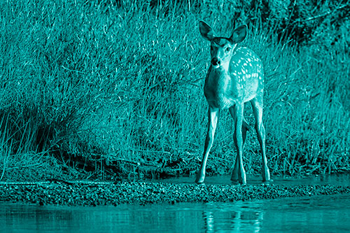 Spotted White Tailed Deer Standing Along River Shoreline (Cyan Shade Photo)