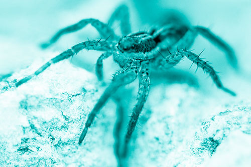 Standing Wolf Spider Guarding Rock Top (Cyan Shade)
