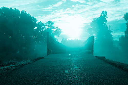 Sun Rises Beyond Foggy Wooden Walkway Bridge (Cyan Shade Photo)