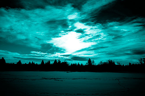 Sun Vortex Illuminates Clouds Above Dark Lit Lake (Cyan Shade Photo)
