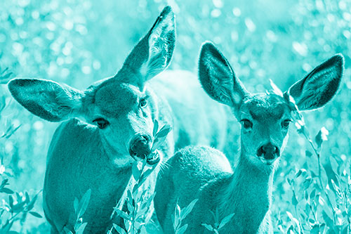 Two Mule Deer Enjoying Leafy Breakfast (Cyan Shade)