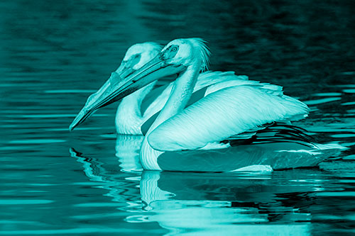 Two Pelicans Swimming In Unison (Cyan Shade)