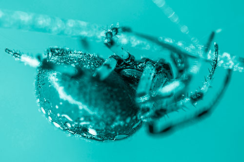 Upside Down Furrow Orb Weaver Spider Crawling Along Stem (Cyan Shade Photo)