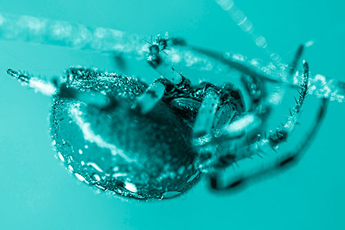 Upside Down Furrow Orb Weaver Spider Crawling Along Stem (Cyan Shade)