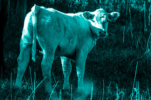 White Cow Calf Looking Backwards (Cyan Shade Photo)