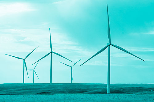 Wind Turbines Standing Tall On Green Pasture (Cyan Shade Photo)