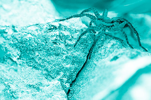 Wolf Spider Crawling Over Cracked Rock Crevice (Cyan Shade Photo)