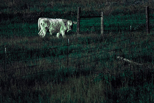 Cow Glances Sideways Beside Barbed Wire Fence (Cyan Tint Photo)