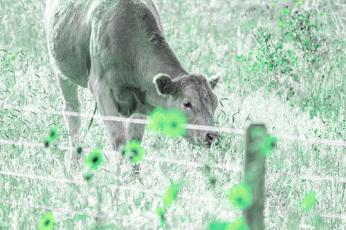 Cow Snacking On Grass Behind Fence (Cyan Tint)