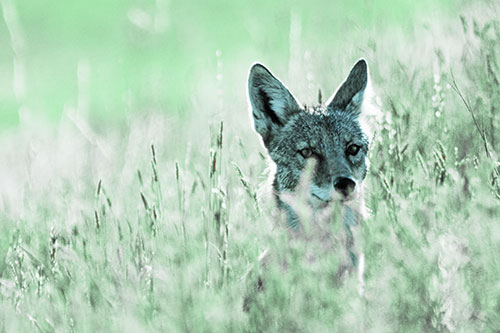Coyote Peeking Head Above Feather Reed Grass (Cyan Tint)