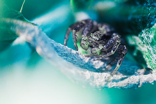 Crab Spider Cowers Among Leaf Petal (Cyan Tint)