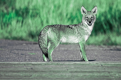 Crossing Coyote Glares Across Bridge Walkway (Cyan Tint Photo)