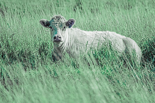 Curious Cow Awakens From Nap (Cyan Tint Photo)