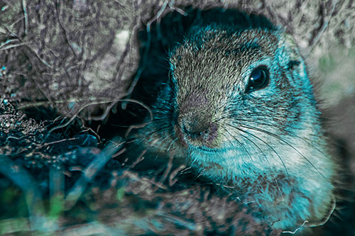 Curious Prairie Dog Watches From Dirt Tunnel Entrance (Cyan Tint Photo)