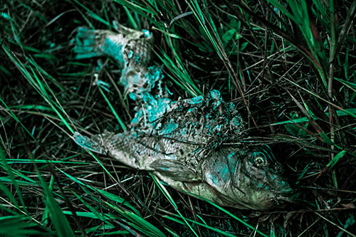 Decaying Salmon Fish Rotting Among Grass (Cyan Tint)
