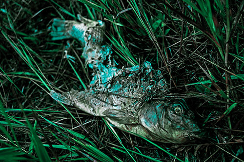 Decaying Salmon Fish Rotting Among Grass (Cyan Tint Photo)