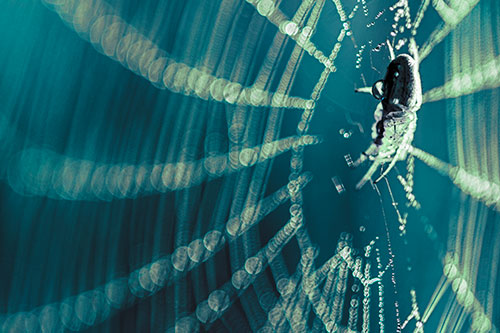 Dewy Orb Weaver Spider Hangs Among Web (Cyan Tint Photo)