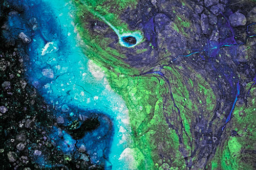 Distressed Oil Face Swirling Among Rocky Shore (Cyan Tint)