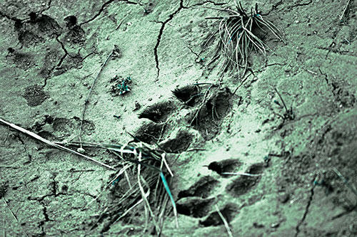 Dog Footprints On Dry Cracked Mud (Cyan Tint Photo)