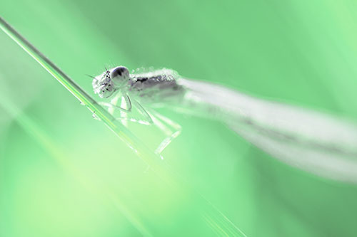 Dragonfly Rides Grass Blade Among Sunlight (Cyan Tint Photo)
