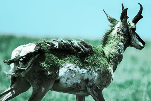 Fur Shedding Pronghorn Walking Along Grass (Cyan Tint)