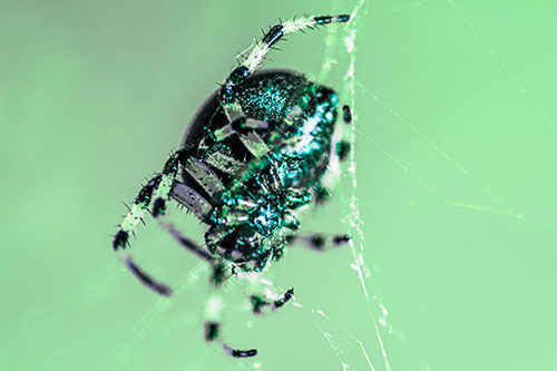 Furrow Orb Weaver Spider Descends Down Web (Cyan Tint Photo)