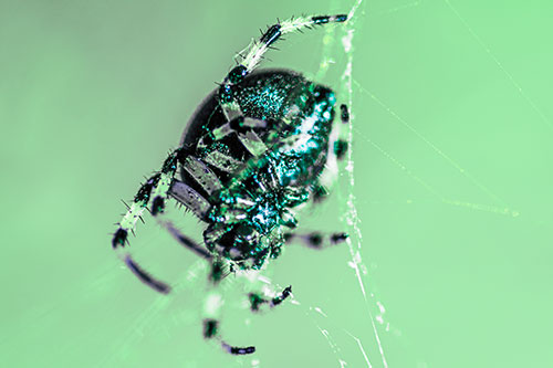 Furrow Orb Weaver Spider Descends Down Web (Cyan Tint)