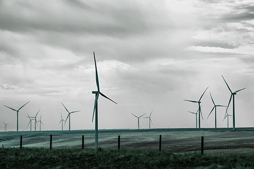 Gloomy Clouds Overcast Wind Turbine Pasture (Cyan Tint Photo)