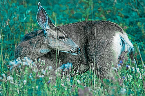 Grooming Mule Deer Bending Backwards Among Vegetation (Cyan Tint)