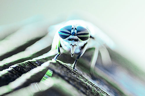 Horse Fly Perched Along Sloping Wood (Cyan Tint)