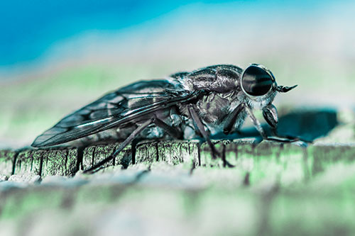 Horse Fly Resting Among Cracked Wood (Cyan Tint)