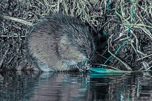 Hungry Muskrat Chews Water Reed Grass Along River Shore (Cyan Tint)