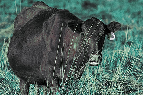 Hungry Open Mouthed Cow Enjoying Hay (Cyan Tint Photo)