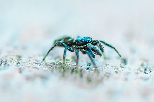 Jumping Spider Crawling Along Flat Terrain (Cyan Tint)