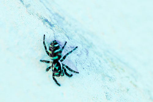 Jumping Spider Crawling Down Wood Surface (Cyan Tint Photo)