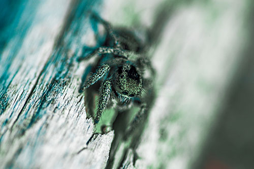 Jumping Spider Perched Among Wood Crevice (Cyan Tint Photo)