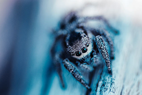 Jumping Spider Resting Atop Wood Stick (Cyan Tint)
