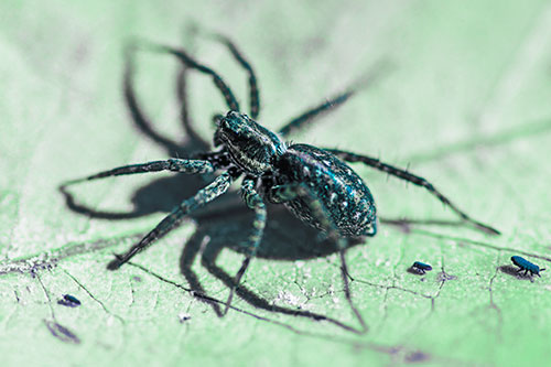 Leaf Perched Wolf Spider Stands Among Water Springtail Poduras (Cyan Tint Photo)