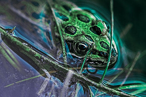 Leopard Frog Keeping Eye Out Above Water (Cyan Tint Photo)