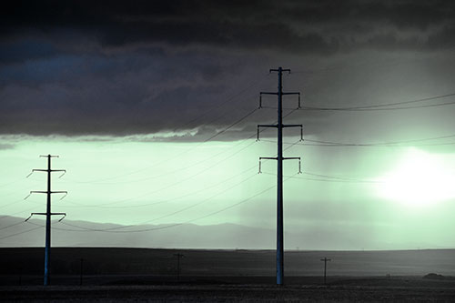 Mountain Rainstorm Sunset Beyond Powerlines (Cyan Tint Photo)