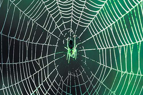 Orb Weaver Spider Rests Among Web Center (Cyan Tint Photo)