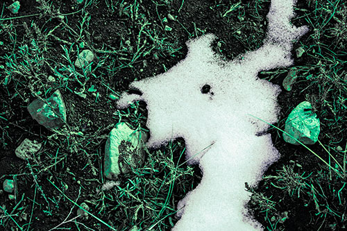 Peering Humanoid Snow Face Creature Among Rocks (Cyan Tint)