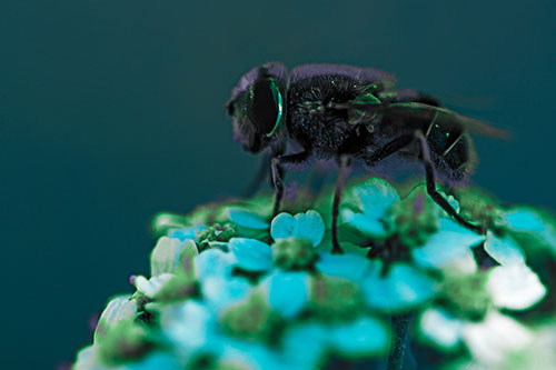 Pollen Covered Hoverfly Standing Atop Flower Petals (Cyan Tint Photo)