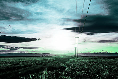 Powerline Prairie To Peak Sunset (Cyan Tint Photo)