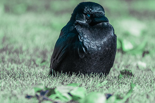 Puffy Crow Standing Guard Among Leaf Covered Grass (Cyan Tint Photo)
