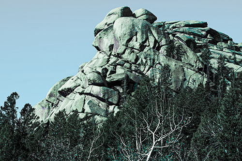 Rock Formations Rising Above Treeline (Cyan Tint Photo)