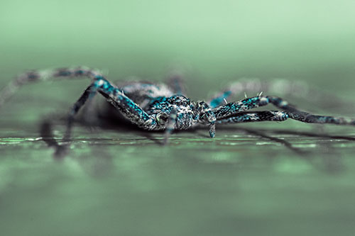 Running Crab Spider Resting Among Bench (Cyan Tint)