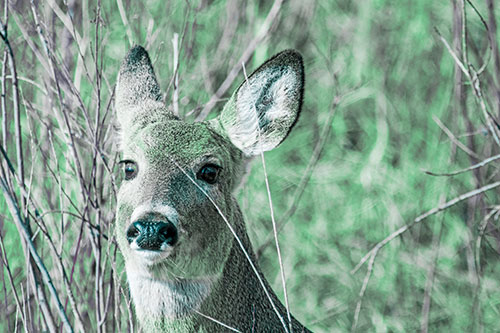 Scared White Tailed Deer Among Branches (Cyan Tint Photo)