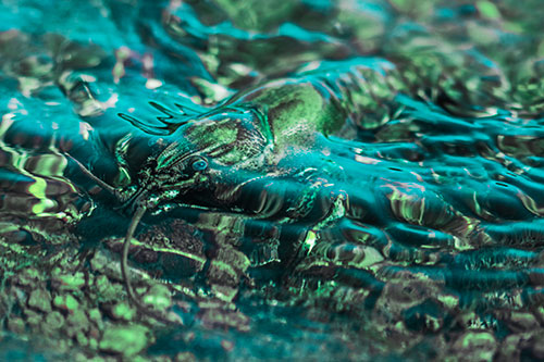 Shallow Submerged Crayfish Keeping Watch Among River (Cyan Tint Photo)