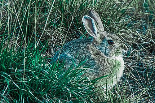 Sitting Bunny Rabbit Enjoying Sunrise Among Grass (Cyan Tint Photo)